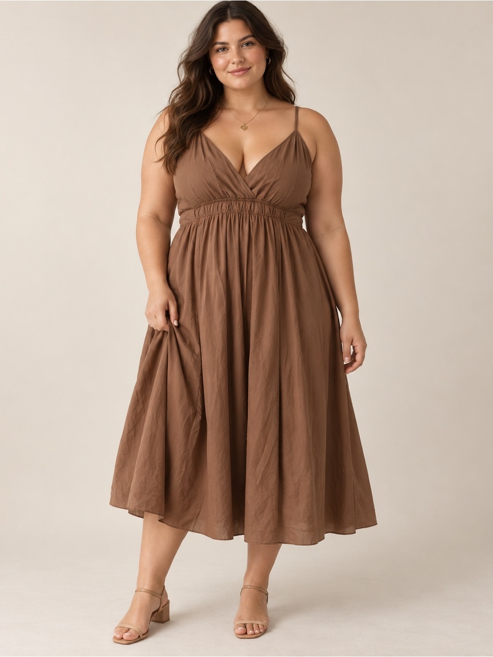 GAP Brown Smocked Waist Wrap Midi Dress with Spaghetti Straps with belt